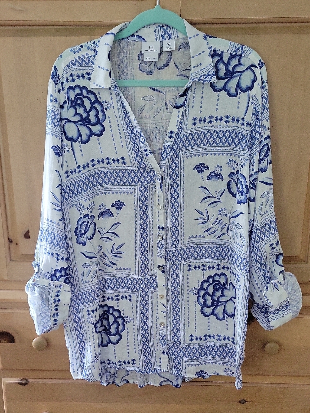 Halston Heritage Blue and White Linen Floral Top